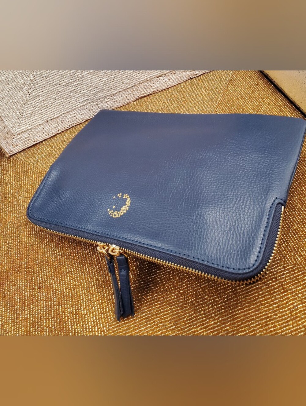 Mark & Graham Blue Pebbled Leather Pouch Clutch Zip Top Bag Travel Organizer